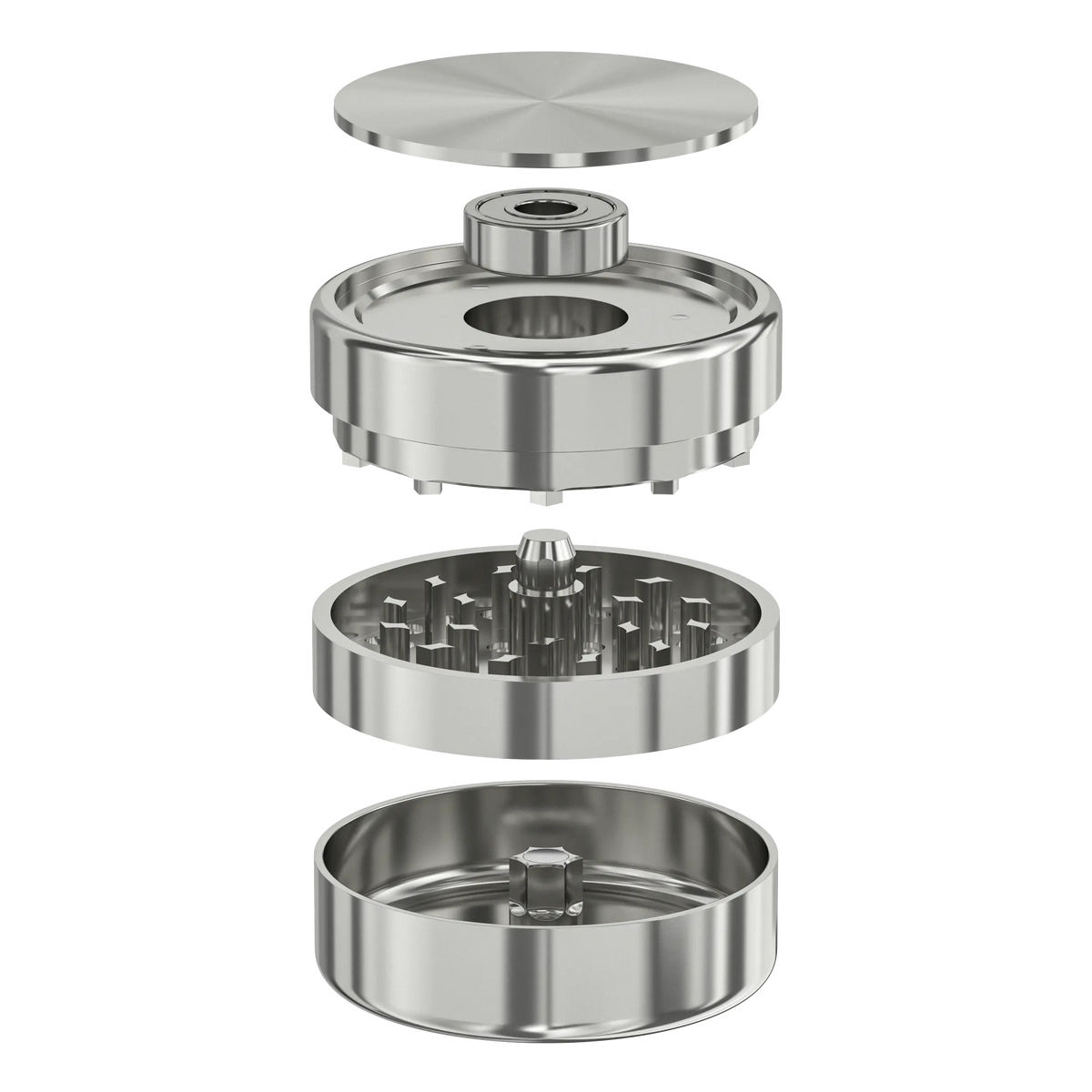 Cyber Bearing Grinder: auseinandergezogene Ansicht von Deckel, Kugellager, Mahlkammer und Auffangteil