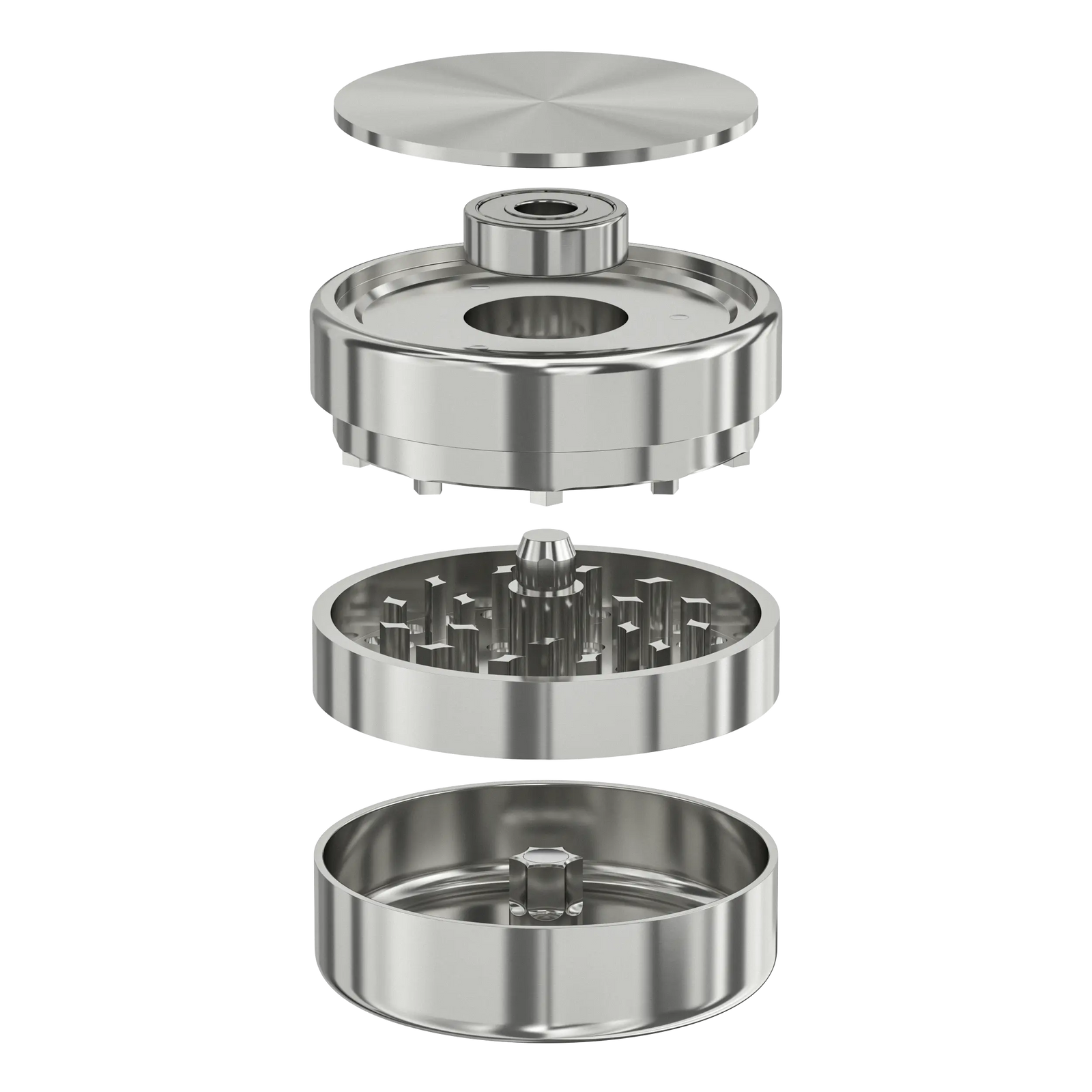Cyber Bearing Grinder: auseinandergezogene Ansicht von Deckel, Kugellager, Mahlkammer und Auffangteil