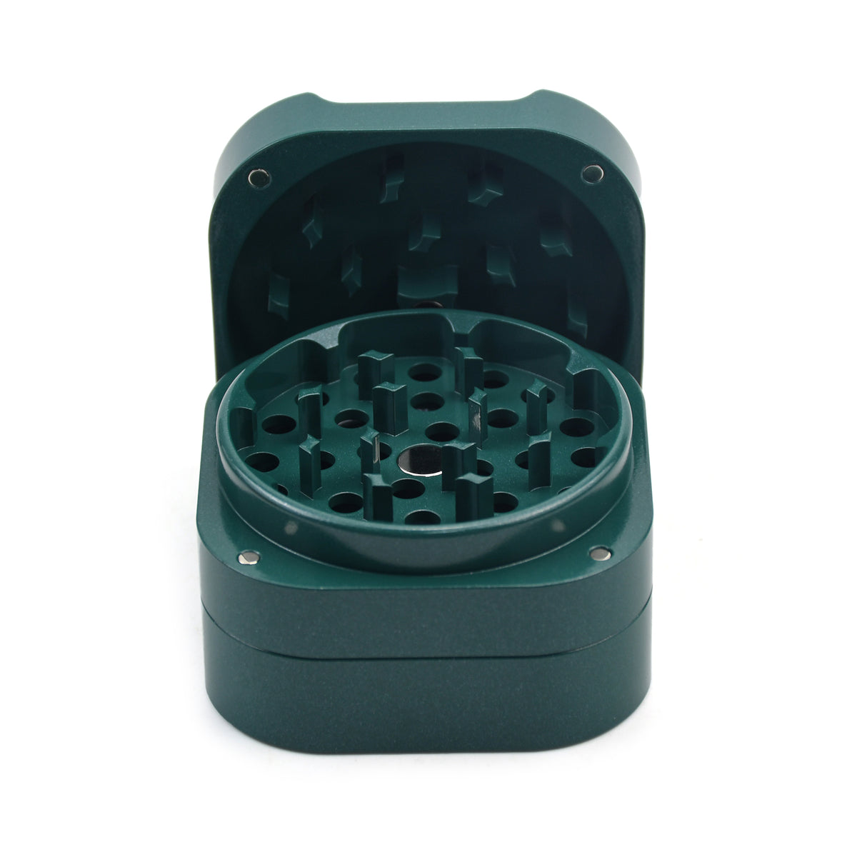 Dunkelgrüner Square Grinder mit aufgestelltem Deckel