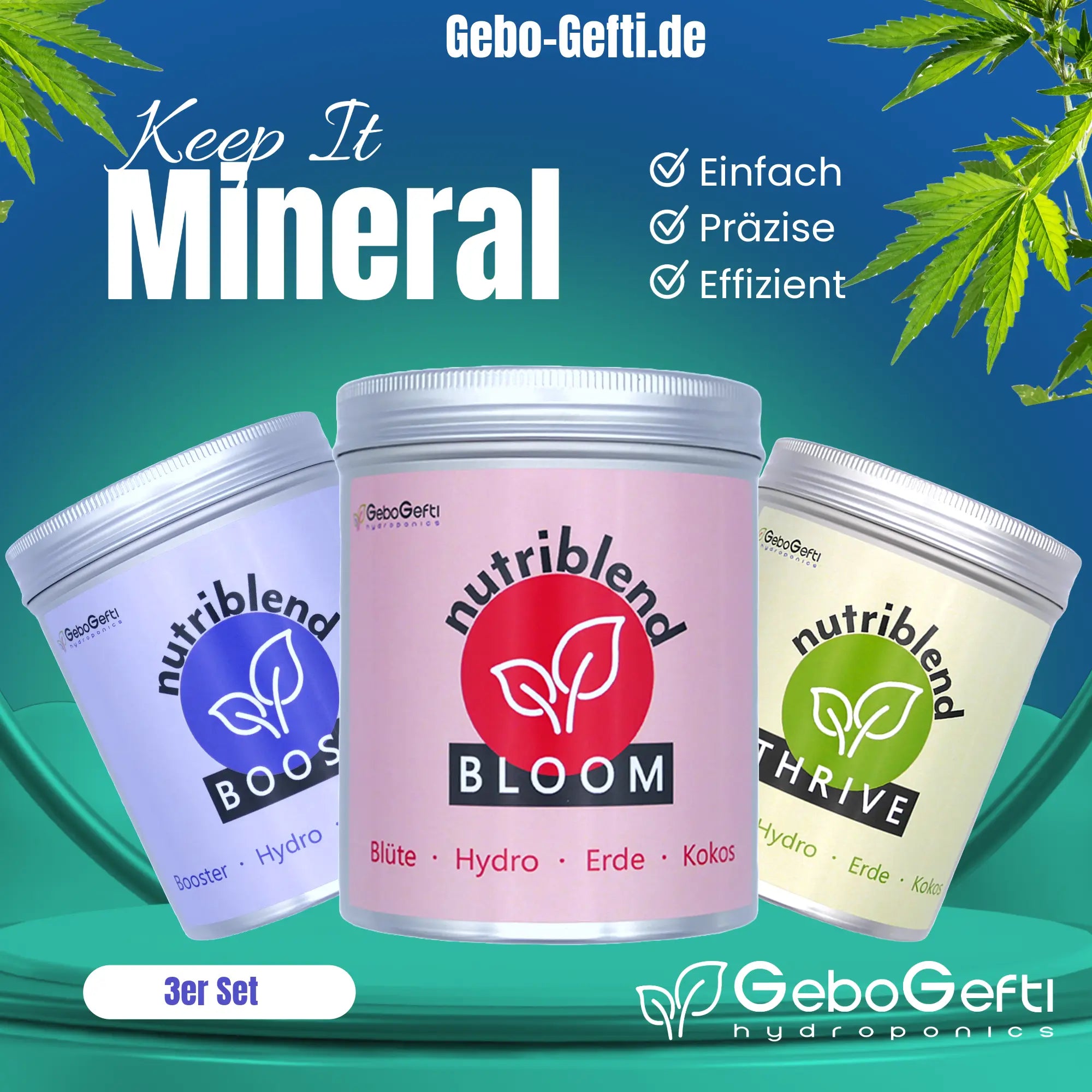 NutriBlend Dünger Grow Set | Thrive + Bloom + Boost | 1,5 KG Gebo Gefti hydroponics