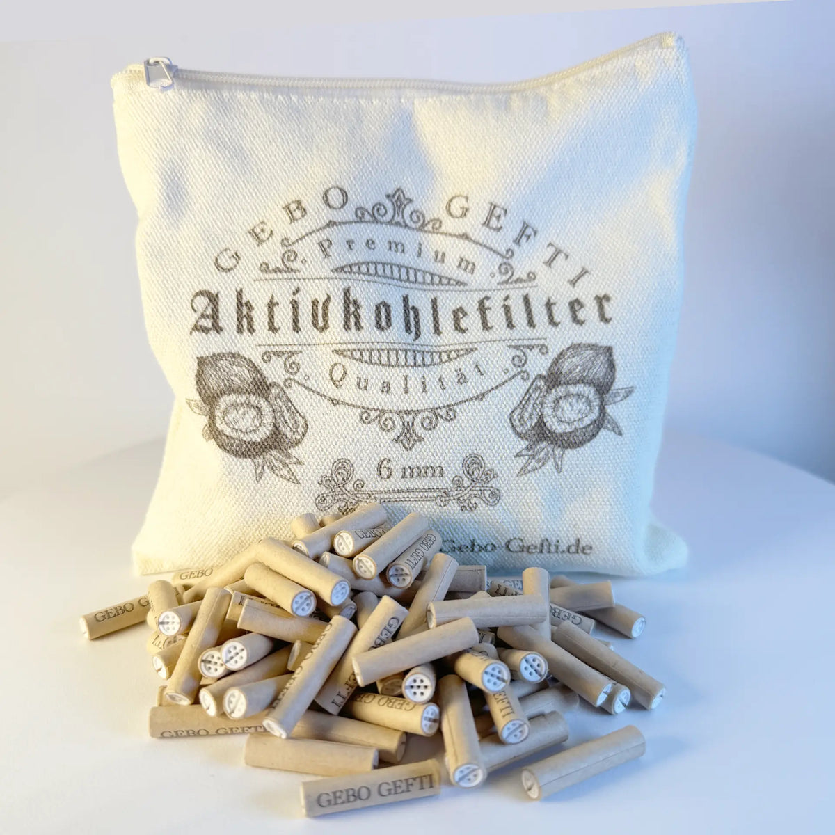 Baumwoll-Zipper-Bag mit einer Auswahl loser 6-mm-Aktivkohlefilter