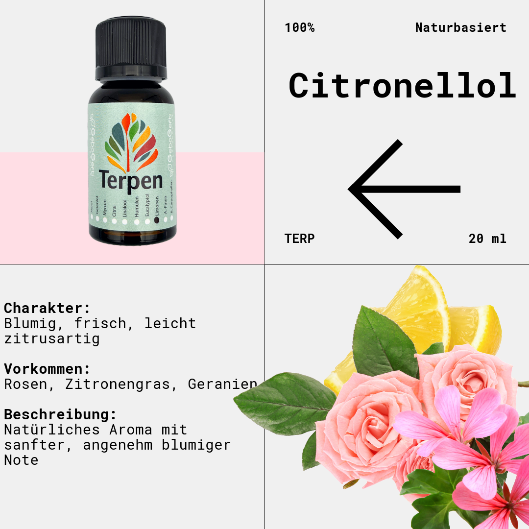 Braunglasflasche 20ml mit Citronellol Terpen – Hochwertiges, reines Terpen mit frischem, blumigem Duft. Perfekt für Aromatherapie, Terpen-Blends und Extrakte. Lichtgeschützte Flasche für maximale Haltbarkeit.