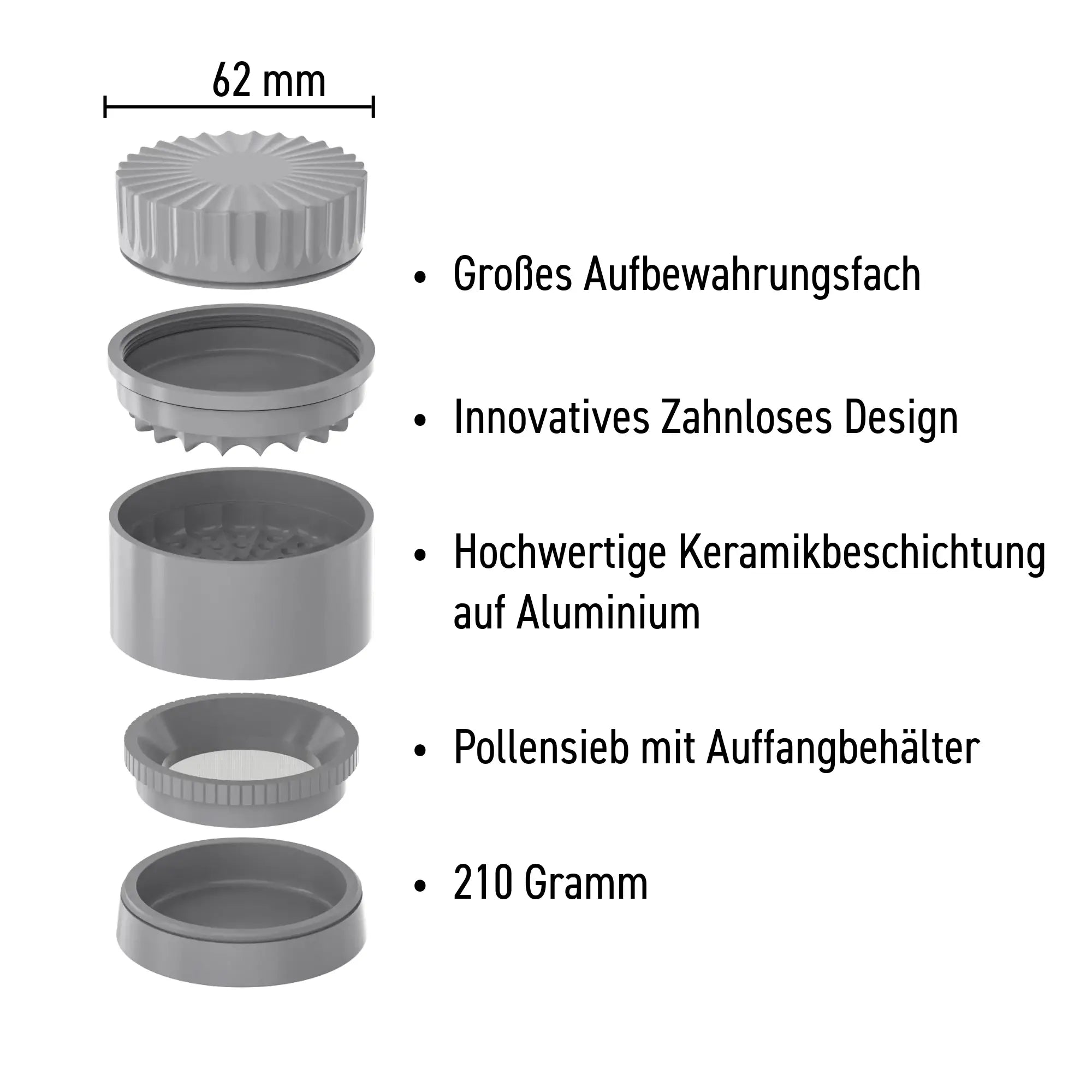 Zahnloser Grinder 62mm – Keramikbeschichtung + Pollensieb & Aufbewahrungsfach Gebo Gefti hydroponics