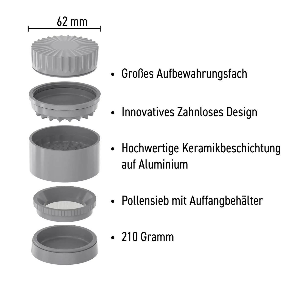 Zahnloser Grinder 62mm – Keramikbeschichtung + Pollensieb & Aufbewahrungsfach Gebo Gefti hydroponics