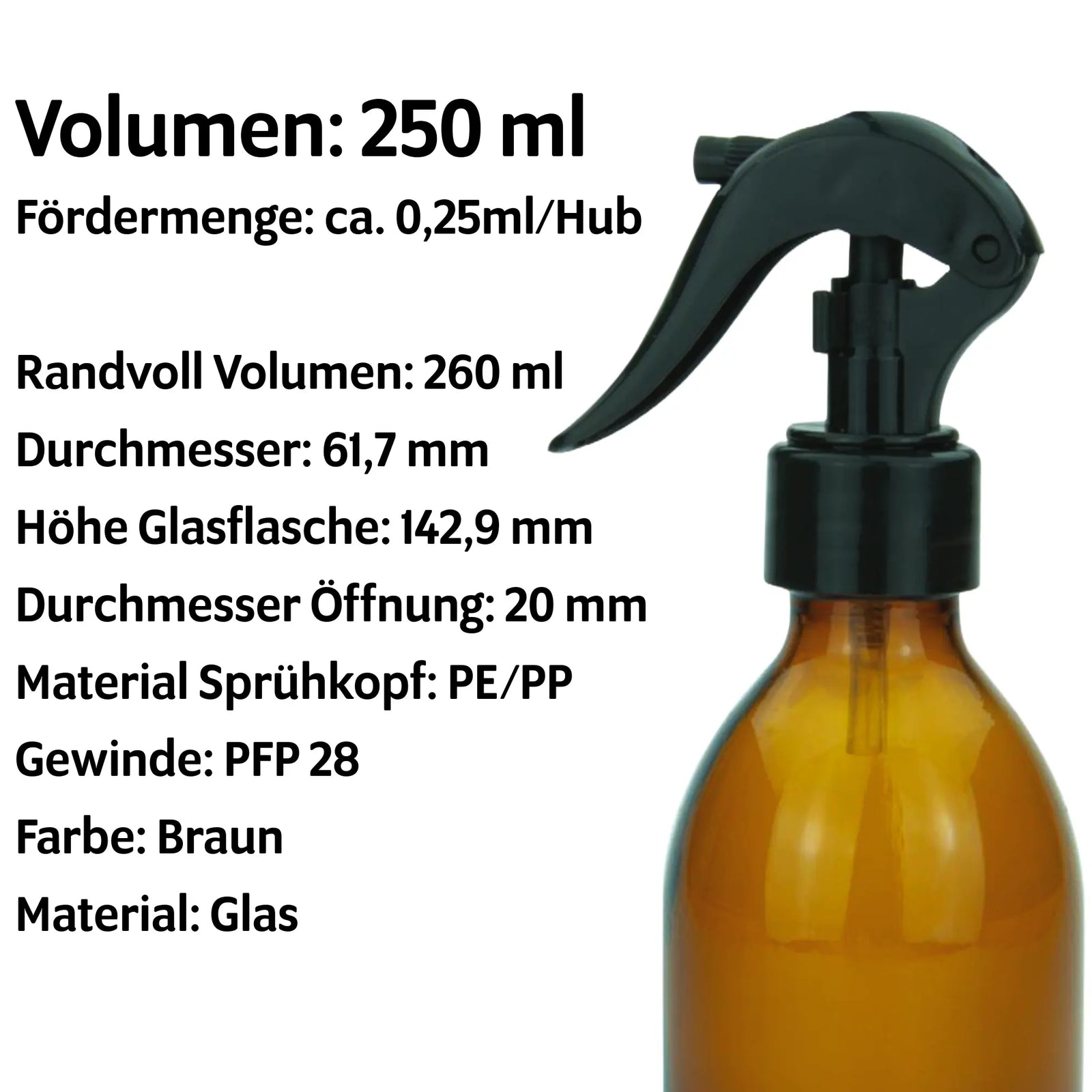 Braune Glas-Sprühflasche mit schwarzem Sprühkopf, 250 ml Volumen. Technische Details zu Größe, Material und Fördermenge auf der linken Seite des Bildes.