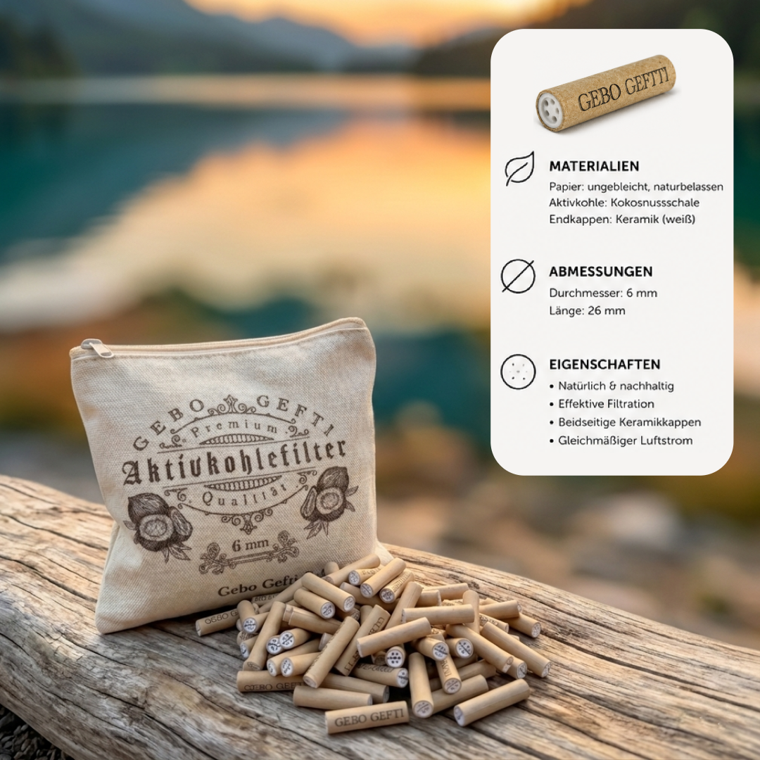 6-mm-Aktivkohlefilter mit Baumwollbeutel auf einer Holzfläche