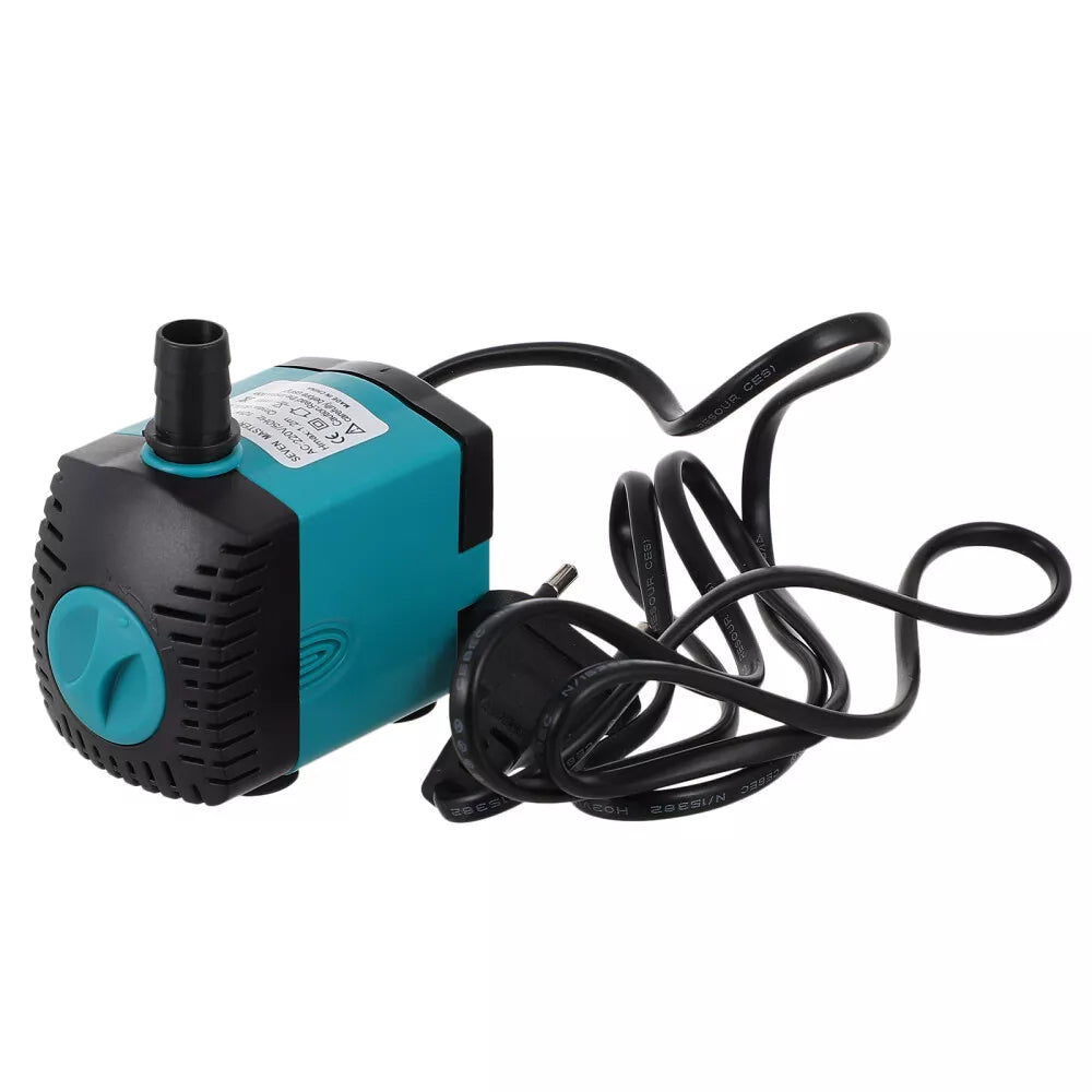 Kompakte elektrische Wasserpumpe mit blau-schwarzem Gehäuse und Netzkabel. Ideal für Hydroponik, Aquarien oder Bewässerungssysteme