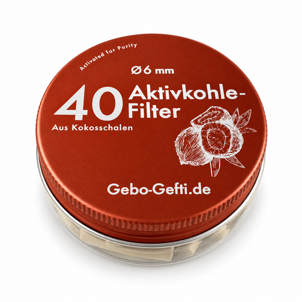 40 Aktivkohlefilter 6 mm in der Dose mit kupferfarbenem Schraubdeckel