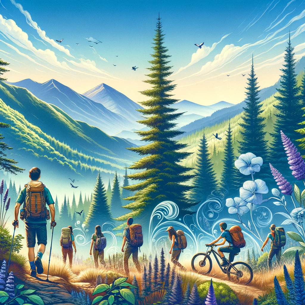 Ein Wanderer und Radfahrer im Wald