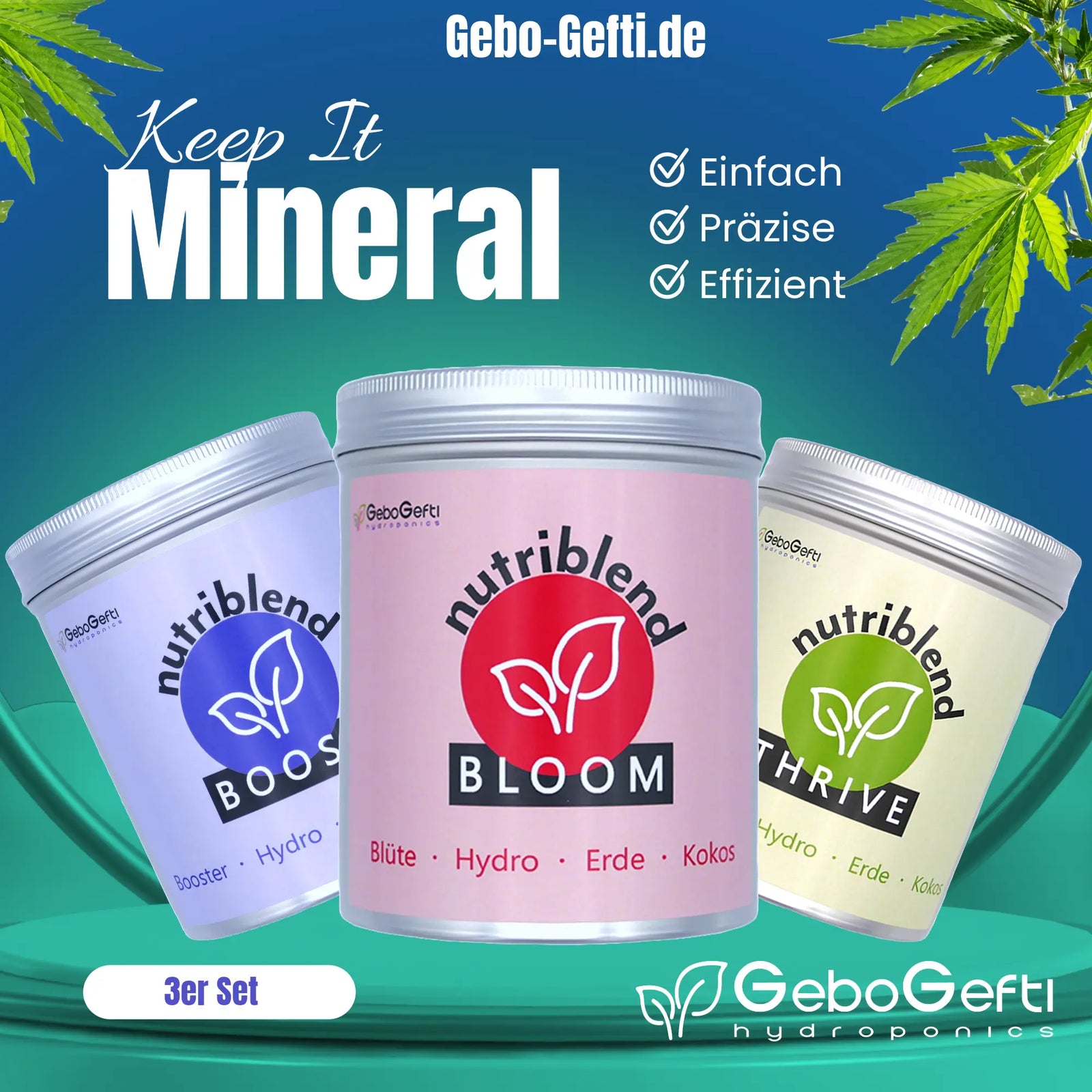 NutriBlend Dünger Grow Set | Thrive + Bloom + Boost | 1,5 KG Gebo Gefti hydroponics