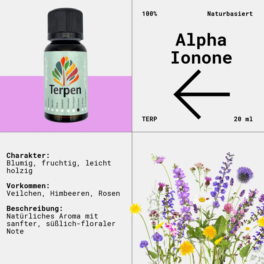 Braunglasflasche 20ml mit Alpha-Ionon Terpen – Hochwertiges, reines Terpen mit süßlich-blumigem Veilchenaroma. Ideal für Aromatherapie, Terpen-Blends und Extrakte. Lichtgeschützte Flasche für maximale Haltbarkeit.