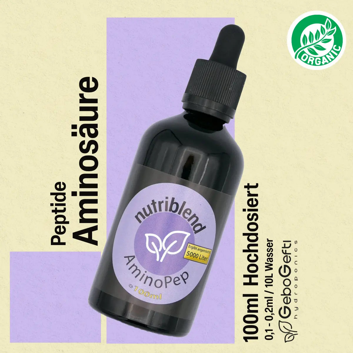 Flasche NutriBlend AminoPep mit Aminosäuren und Peptiden, 100 ml hochdosiert. Etikett mit Dosierempfehlung und organischem Siegel, Gebo Gefti Hydroponics Branding