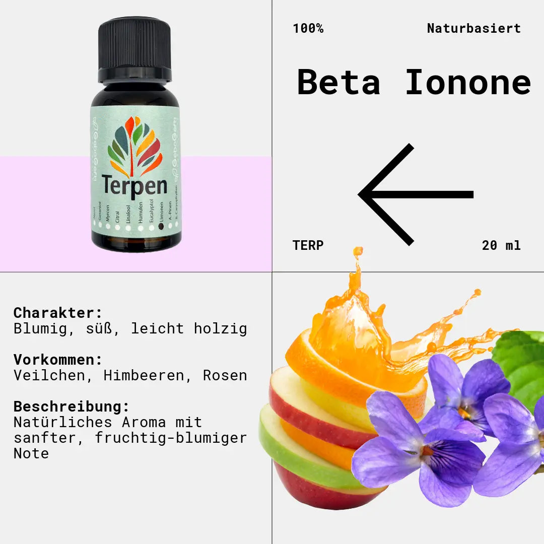 Braunglasflasche 20ml mit Beta-Ionon Terpen – Hochwertiges, reines Terpen mit intensiv blumigem Veilchenaroma. Ideal für Aromatherapie, Terpen-Blends und Extrakte. Lichtgeschützte Flasche für maximale Haltbarkeit.
