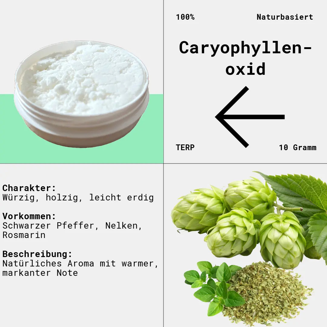 Eine weiße dose mit weißem Pulver. Das Pulver ist Caryophylleneoxid