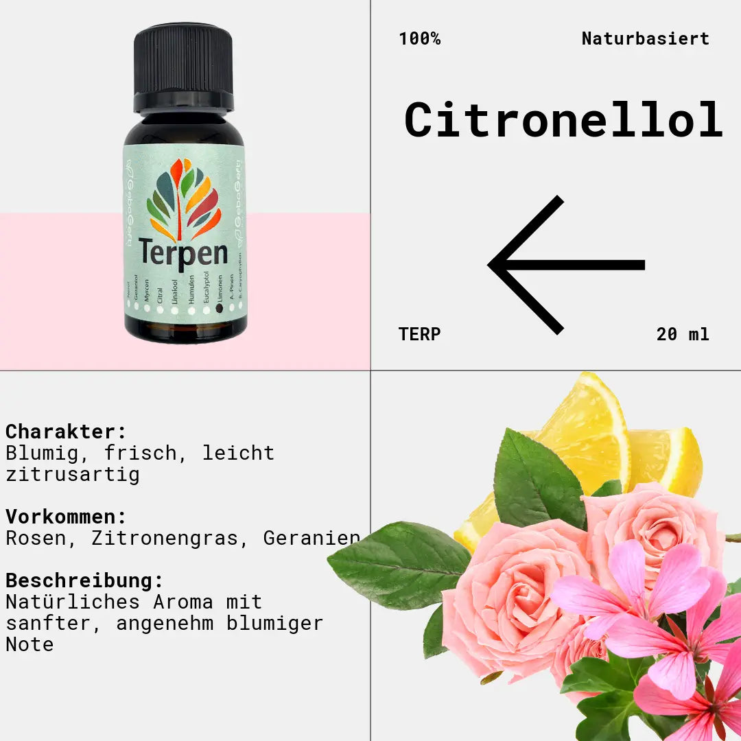 Braunglasflasche 20ml mit Citronellol Terpen – Hochwertiges, reines Terpen mit frischem, blumigem Duft. Perfekt für Aromatherapie, Terpen-Blends und Extrakte. Lichtgeschützte Flasche für maximale Haltbarkeit.