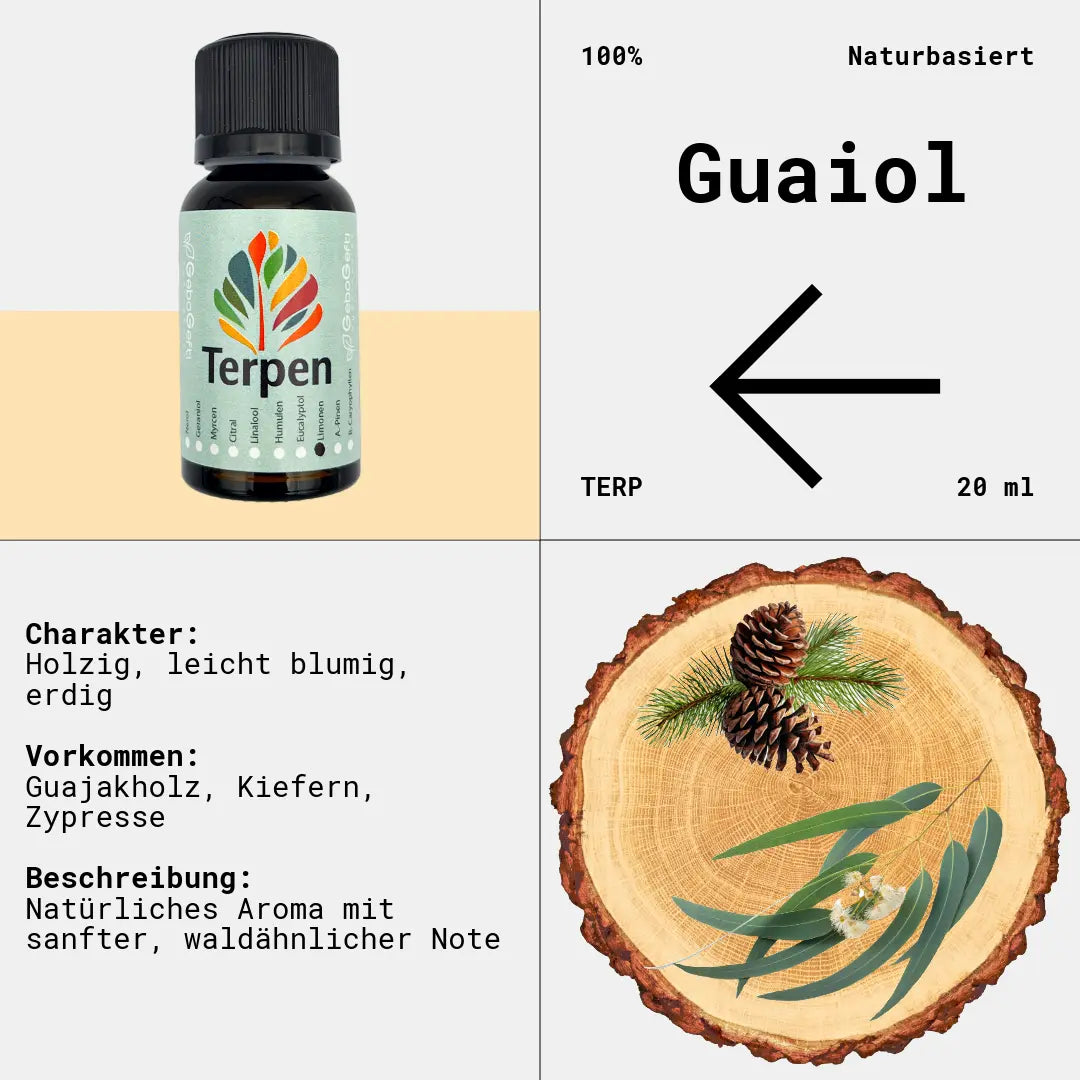 Braunglasflasche 20ml mit Guaiol Terpen – Hochwertiges, reines Terpen mit holzigem, leicht blumigem Aroma und erfrischenden Piniennoten. Ideal für Aromatherapie, Terpen-Blends und Extrakte. Die lichtgeschützte Flasche bewahrt Frische und Qualität für maximale Haltbarkeit.