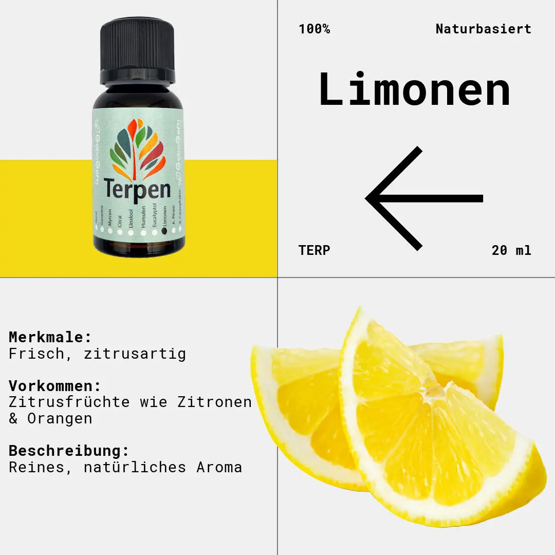 Braunglasflasche 20ml mit Limonen Terpen – Hochwertiges, reines Terpen mit intensivem, frischem Zitrusaroma und belebenden Noten. Ideal für Aromatherapie, Terpen-Blends und Extrakte. Die lichtgeschützte Flasche sorgt für maximale Frische und lange Haltbarkeit.