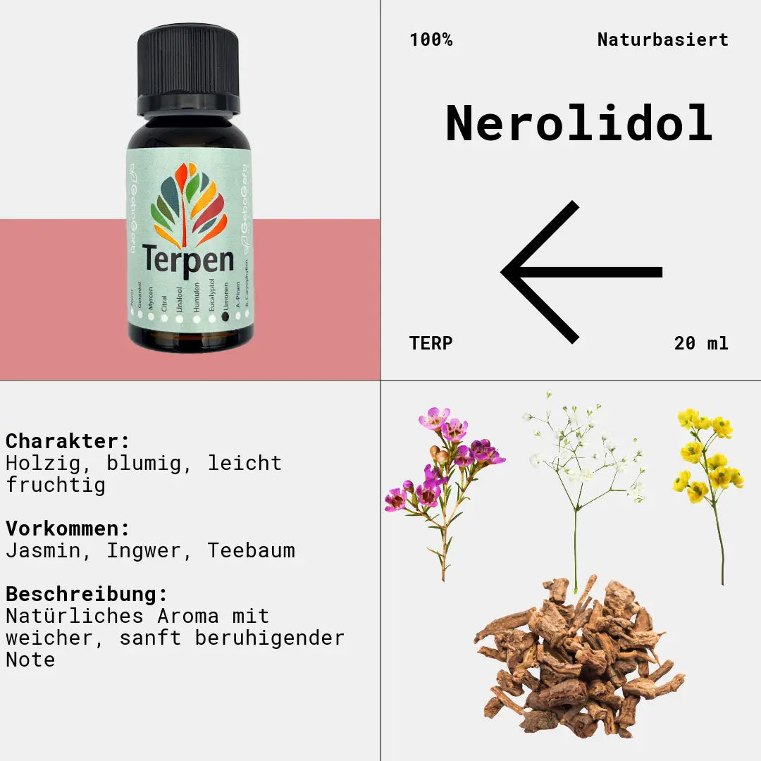 Braunglasflasche 20ml mit Nerolidol Terpen – Reines, hochwertiges Terpen mit beruhigendem Aroma. Ideal für Aromatherapie, Terpen-Blends und Extrakte. Lichtgeschützte Flasche für optimale Haltbarkeit.