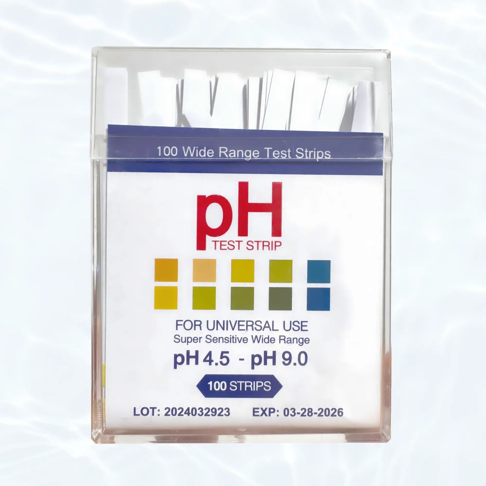 Packung mit 100 pH-Teststreifen für den Bereich 4.5 bis 9.0. Transparente Box mit Farbreferenzskala zur einfachen Bestimmung des pH-Werts von Flüssigkeiten