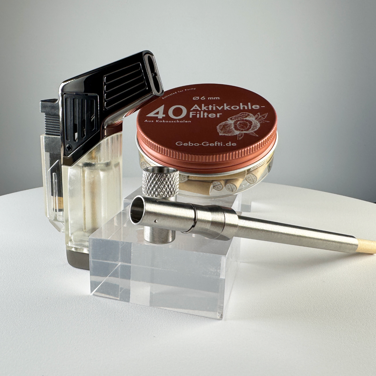 Set mit Jet-Feuerzeug und Filter | Mechanischer Vaporizer aus 316 Edelstahl