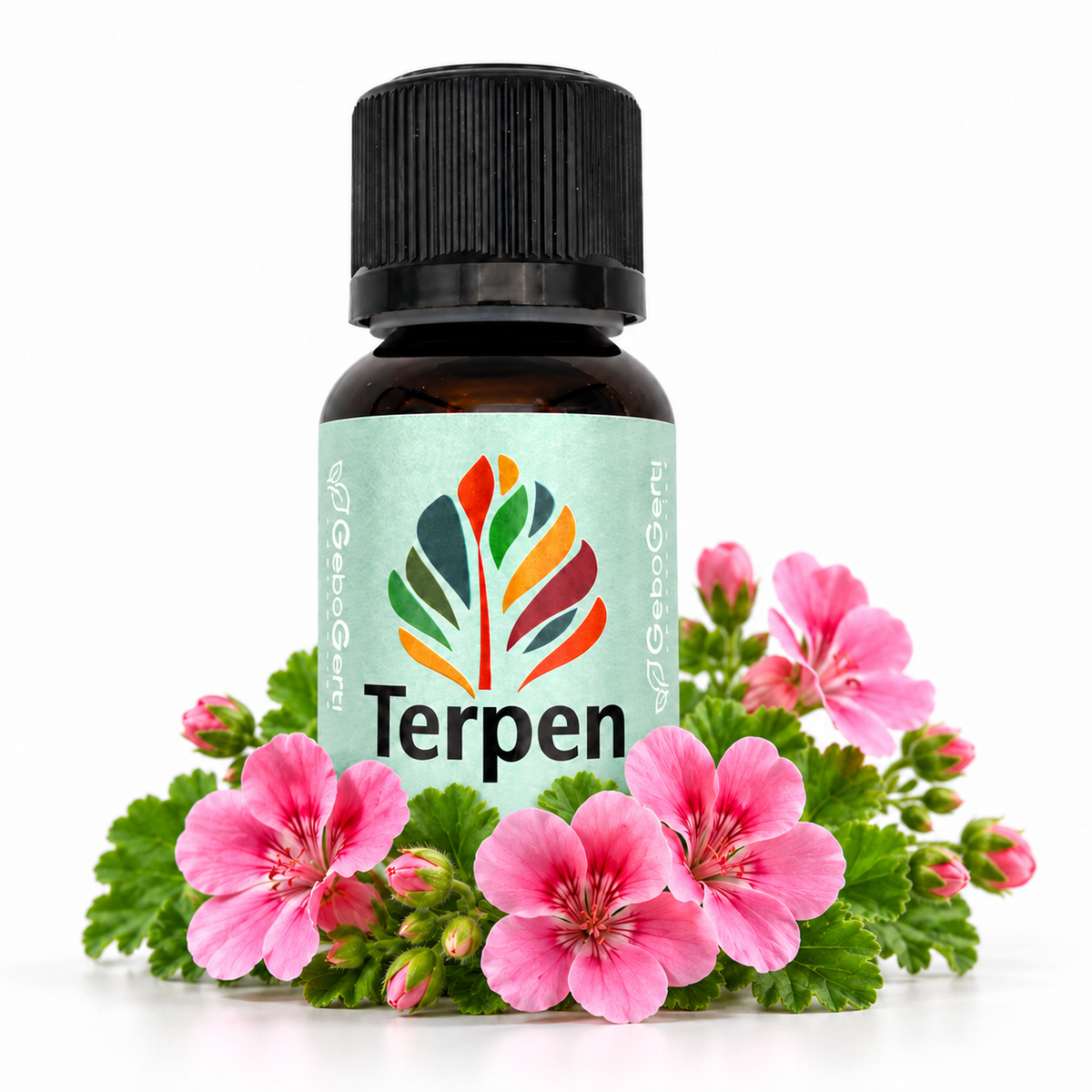 Geraniol – Produktflasche mit Pflanzenmotiv