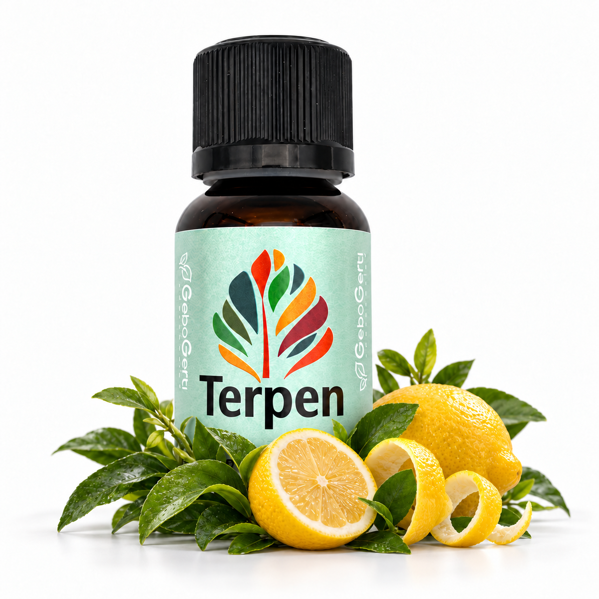 Limonen – Produktflasche mit Pflanzenmotiv
