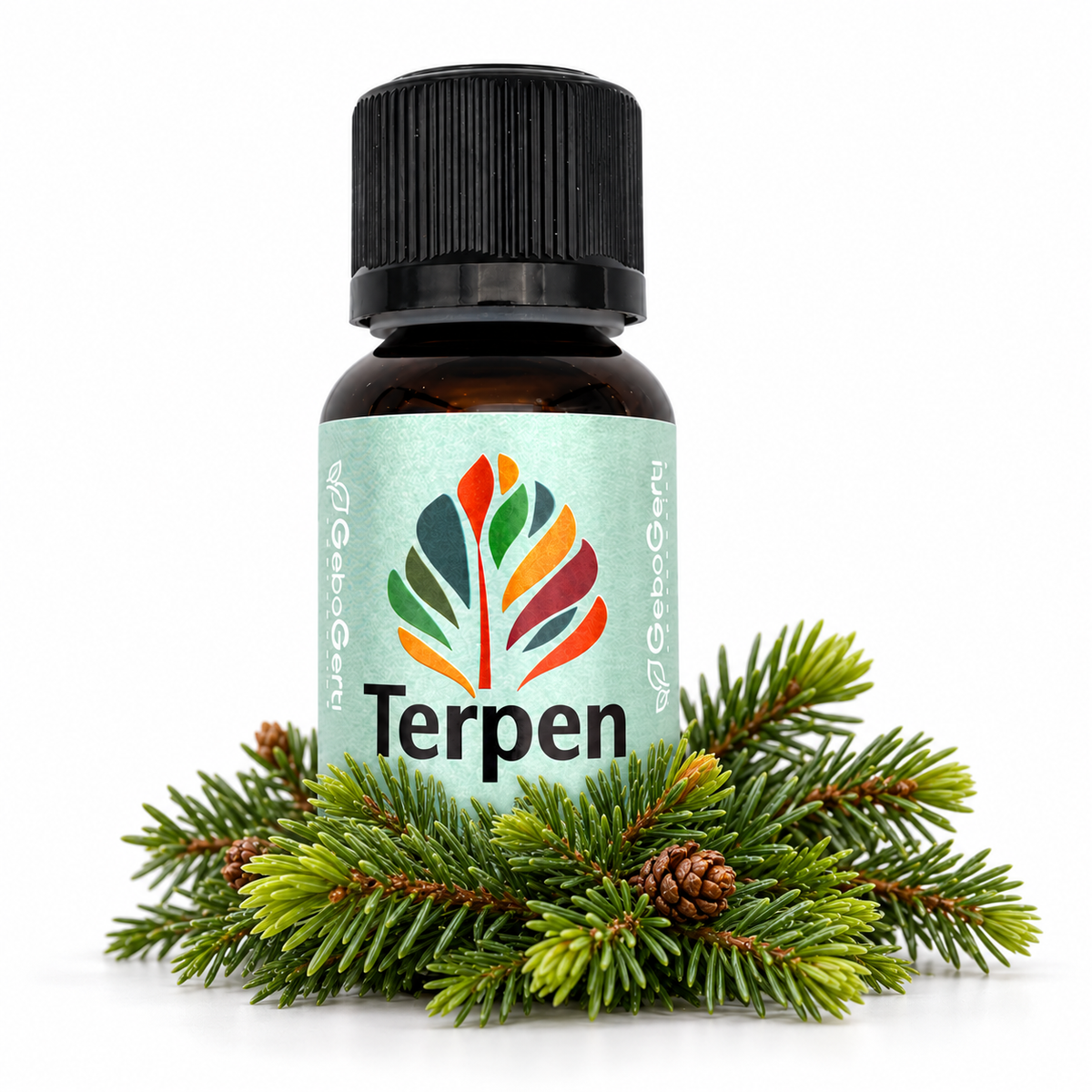 Terpinolen – Produktflasche mit Pflanzenmotiv